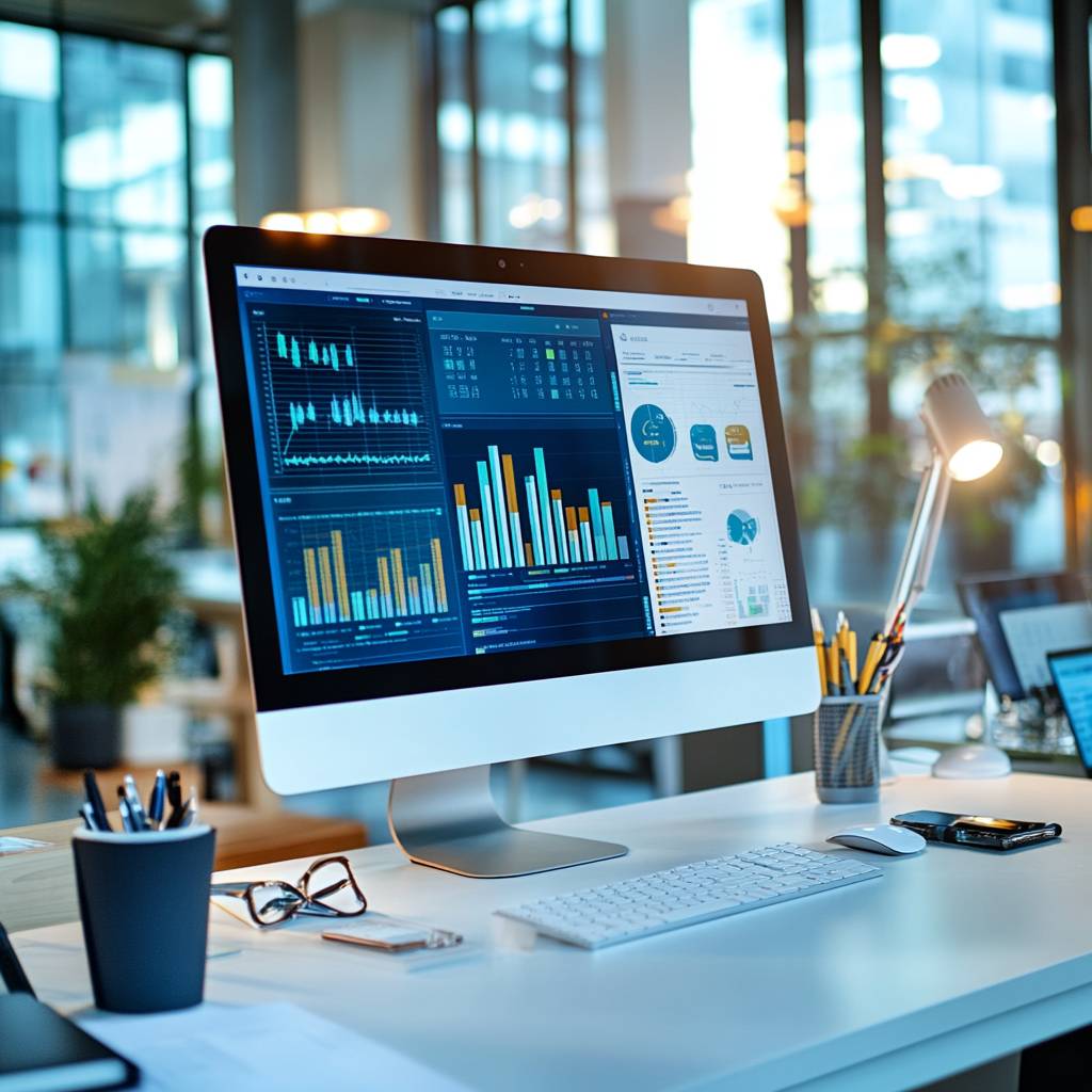 A modern workspace featuring an iMac displaying data analytics dashboards, a keyboard, a mouse, and a cup with pens on the desk.