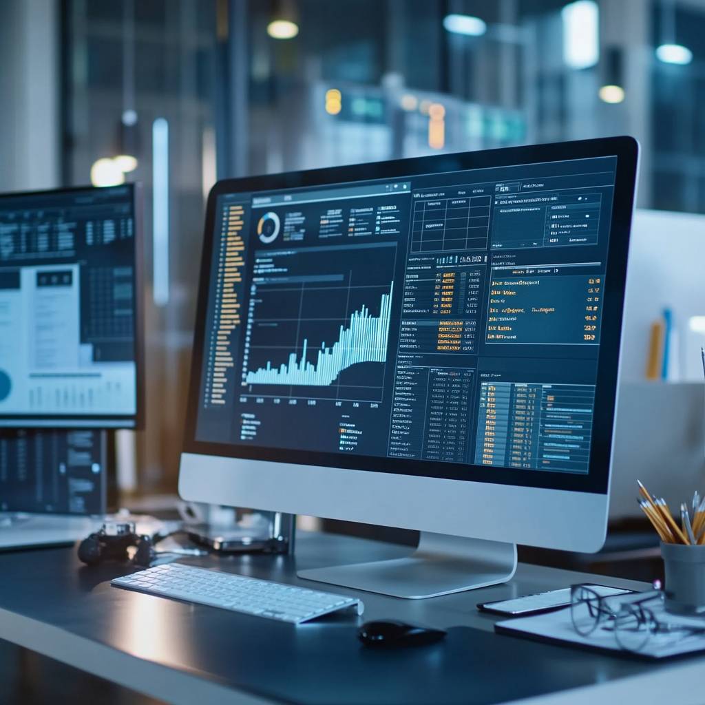 A desktop computer monitor displaying data analytics, including graphs and charts, alongside a secondary monitor, keyboard, and office supplies.