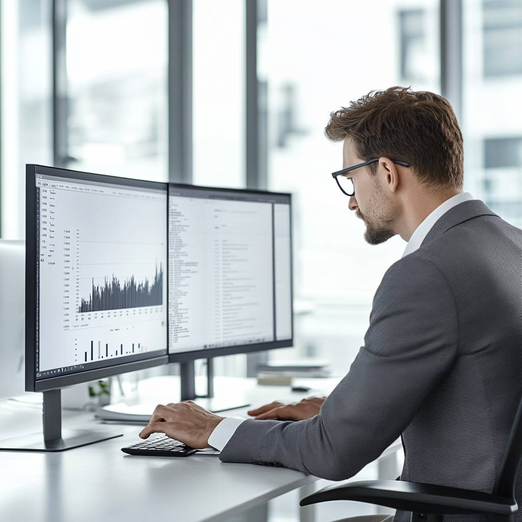 A man in a suit works at a desk with two monitors displaying data graphs and text, in a modern office setting with large windows.