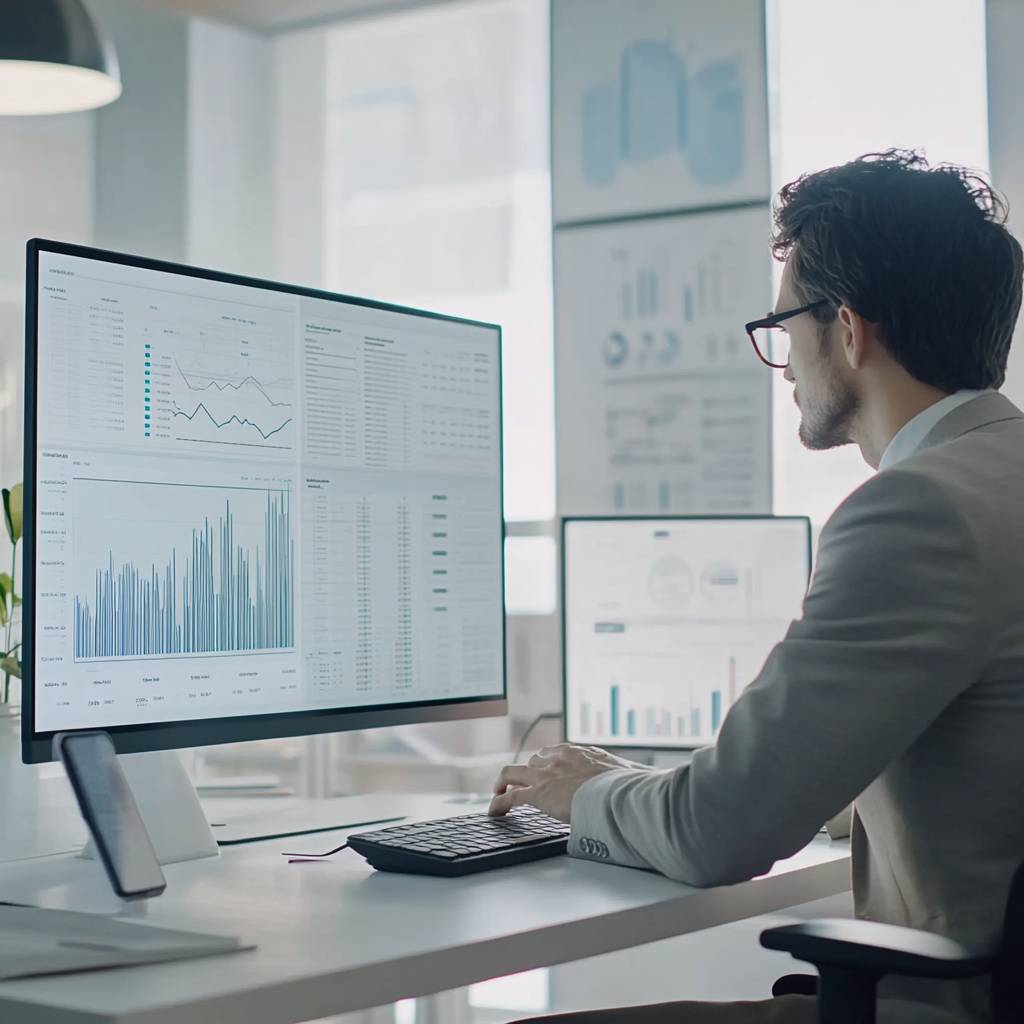 A man in a suit works at a modern desk, analyzing data on large monitors displaying graphs and charts in a bright office environment.