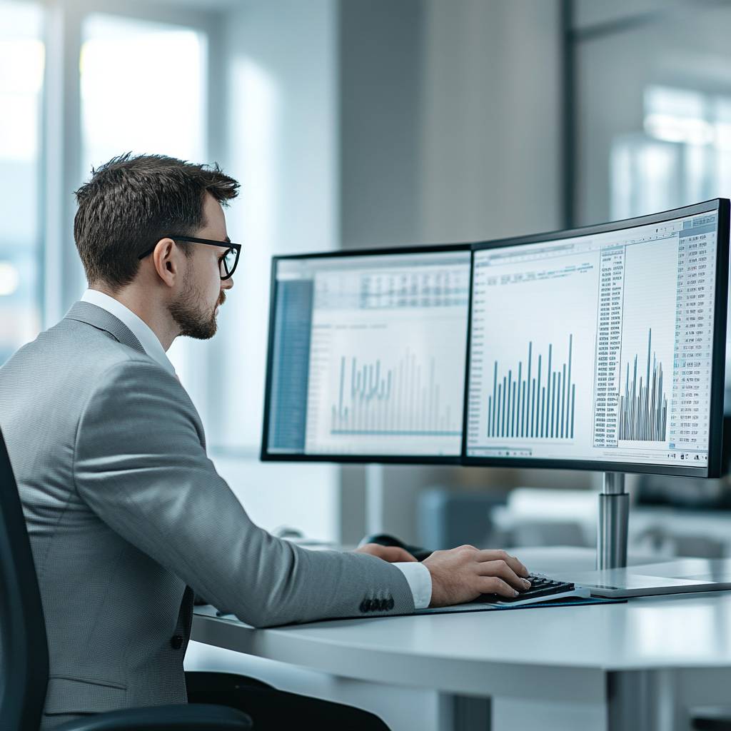 A man in a gray suit and glasses sits at a desk with two monitors displaying data charts and graphs, focused on his work.