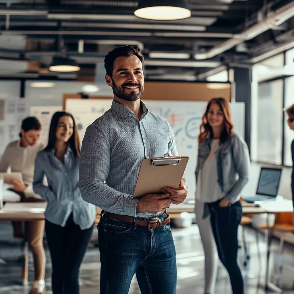 A man holding a clipboard smiles confidently in a modern office space, surrounded by colleagues engaged in discussions and teamwork.