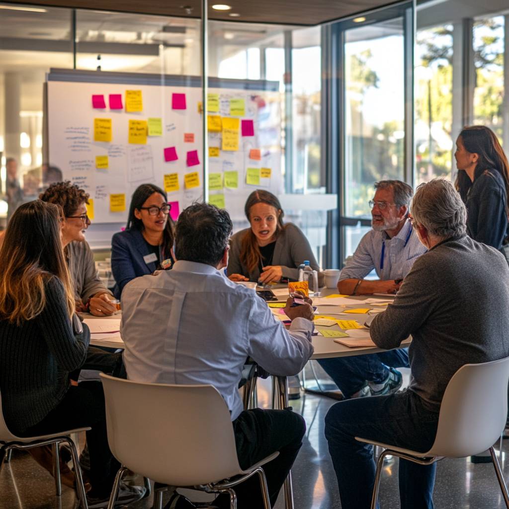 A diverse group of individuals engaged in a discussion around a table with sticky notes, papers, and drinks, in a modern meeting space.