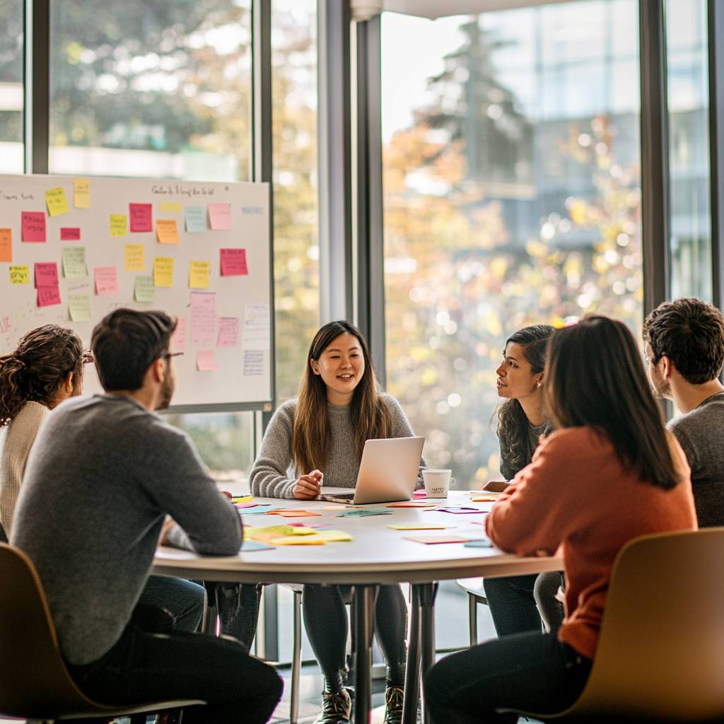 A group of six people engaged in a meeting around a circular table, discussing ideas with a laptop open and colorful sticky notes scattered across the table.