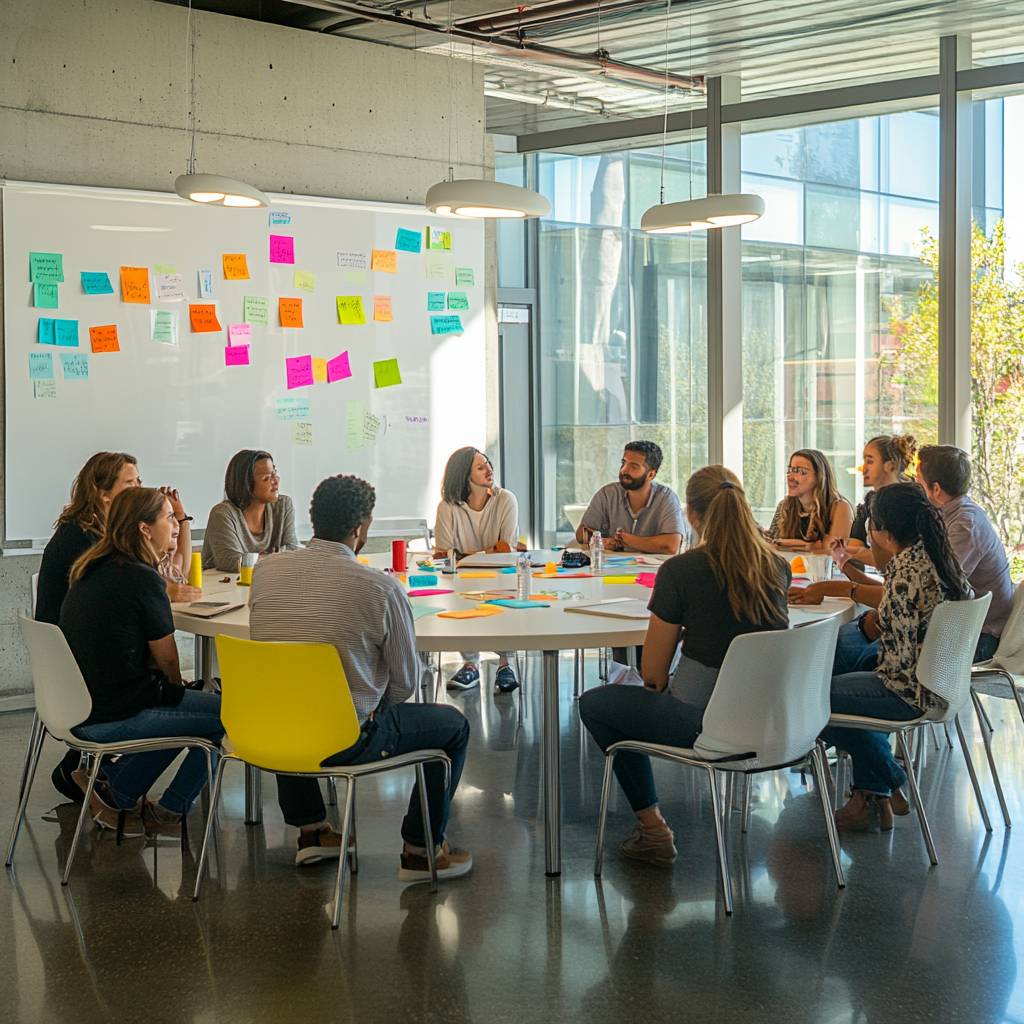 A diverse group of people seated around a circular table in a bright meeting room, engaged in conversation with colorful sticky notes on the wall.