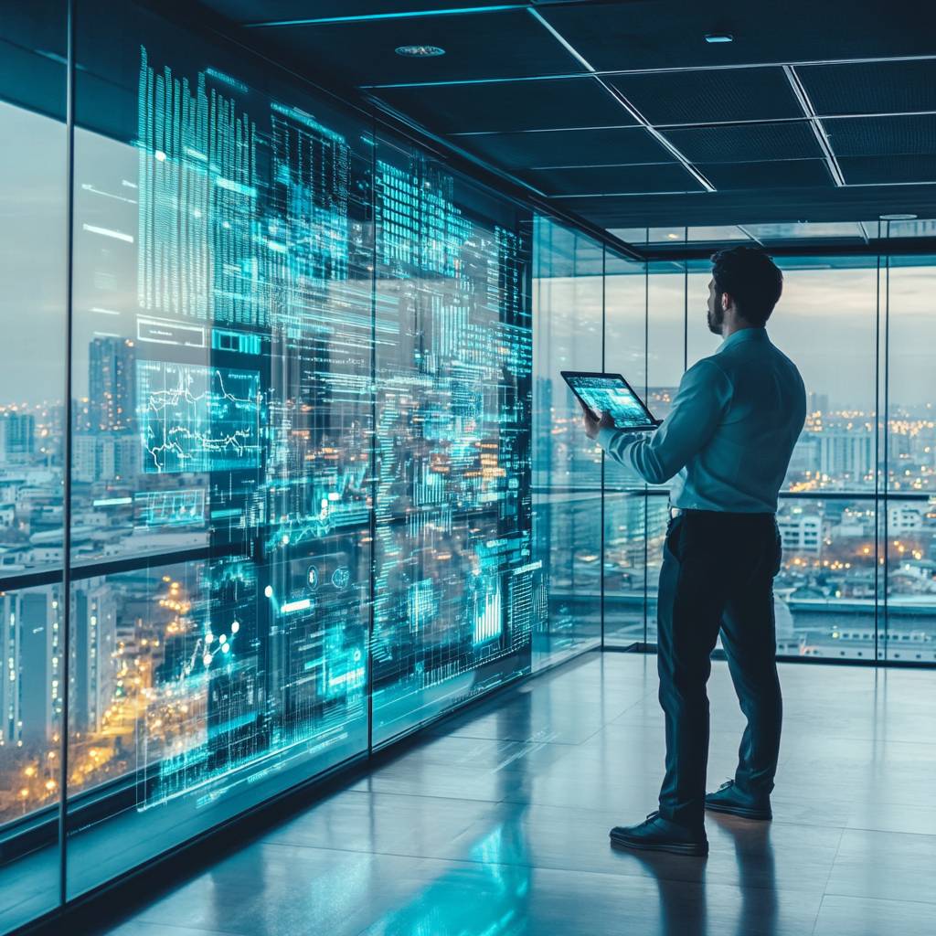 A man in formal attire stands in a modern office, viewing holographic data and analytics projected on a glass wall with city lights in the background.