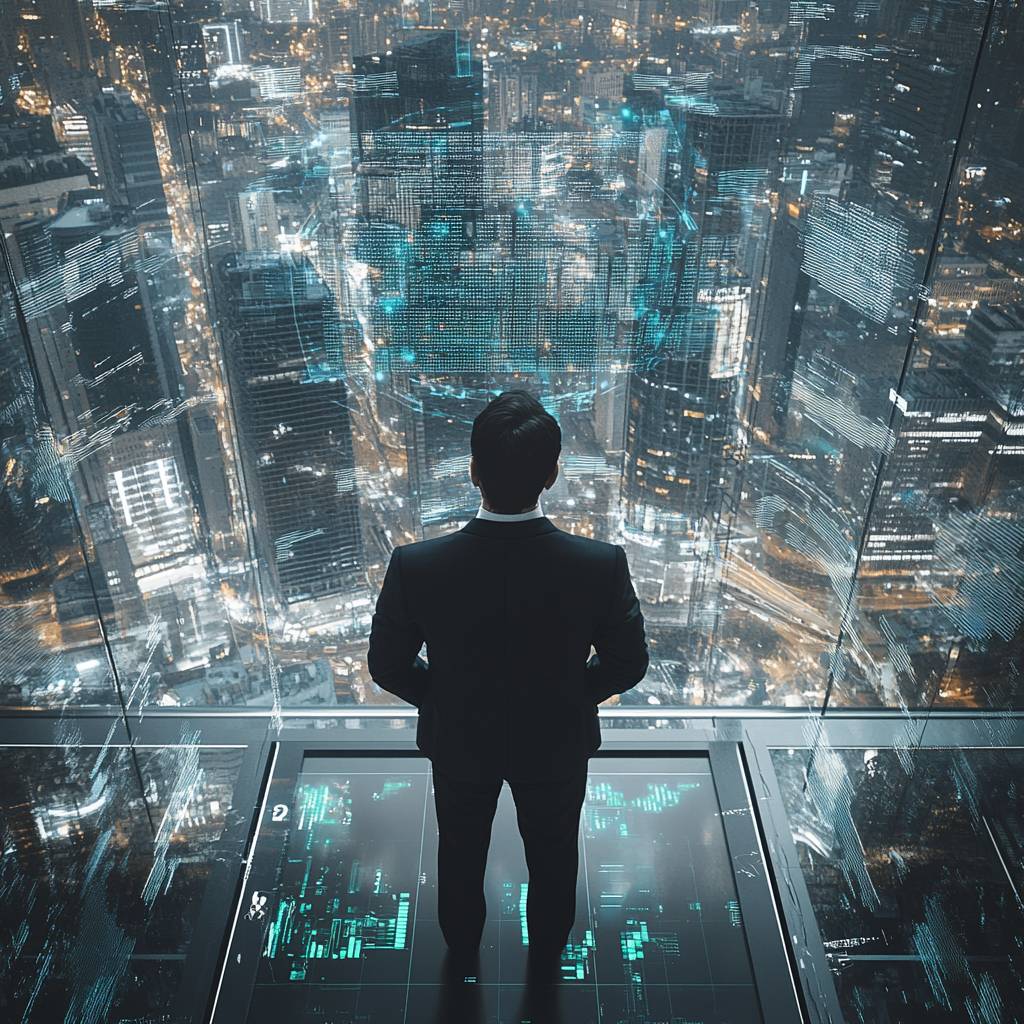 A man in a suit stands on a glass floor, overlooking a futuristic cityscape illuminated by lights and digital data overlays at night.