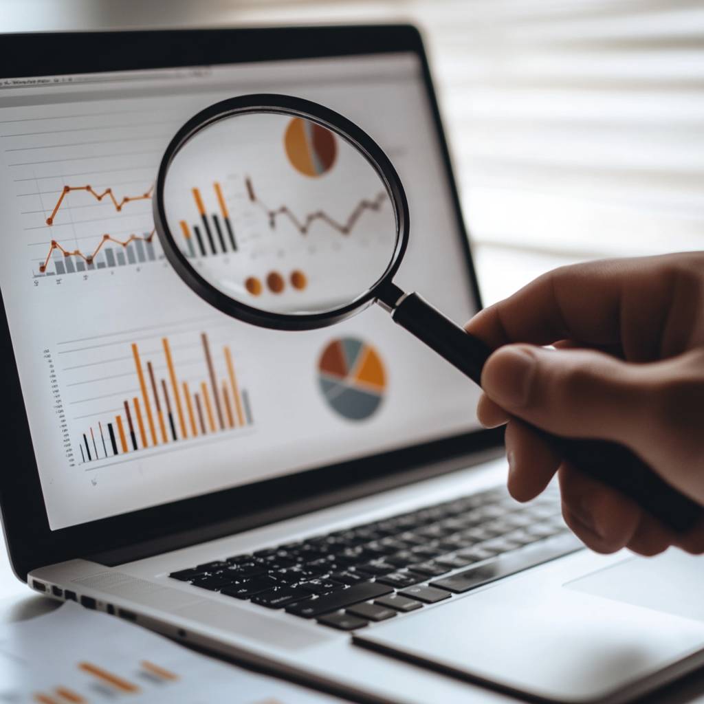 A person holding a magnifying glass above a laptop screen displaying various graphs and data visualizations in orange, gray, and black.