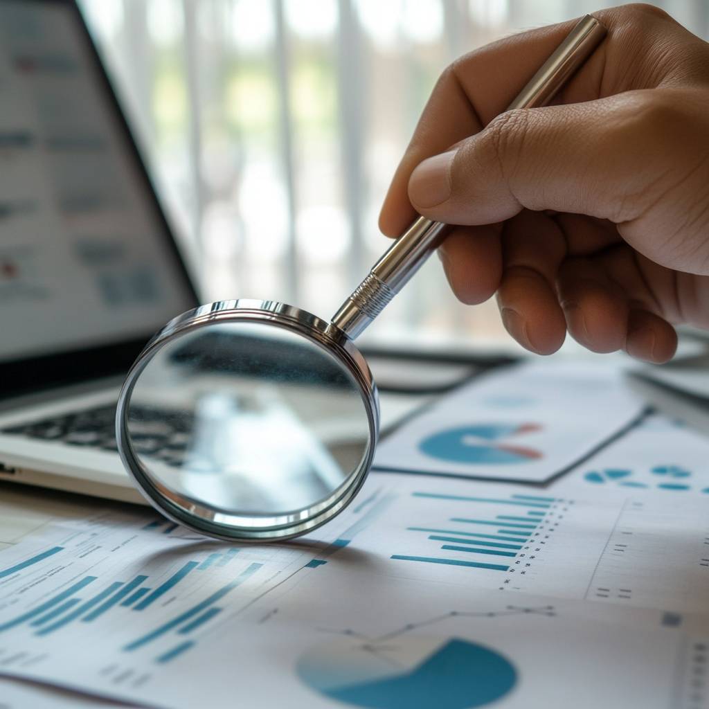 A hand holding a magnifying glass over printed charts and graphs on a desk, with a laptop in the background and natural light filtering through.