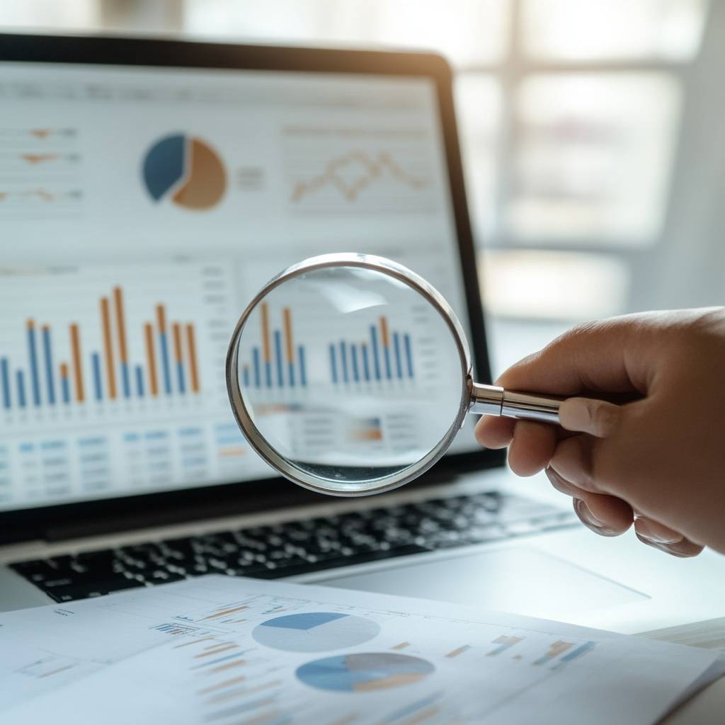 A hand holding a magnifying glass over a laptop displaying charts and graphs, with printed documents featuring similar data in the foreground.