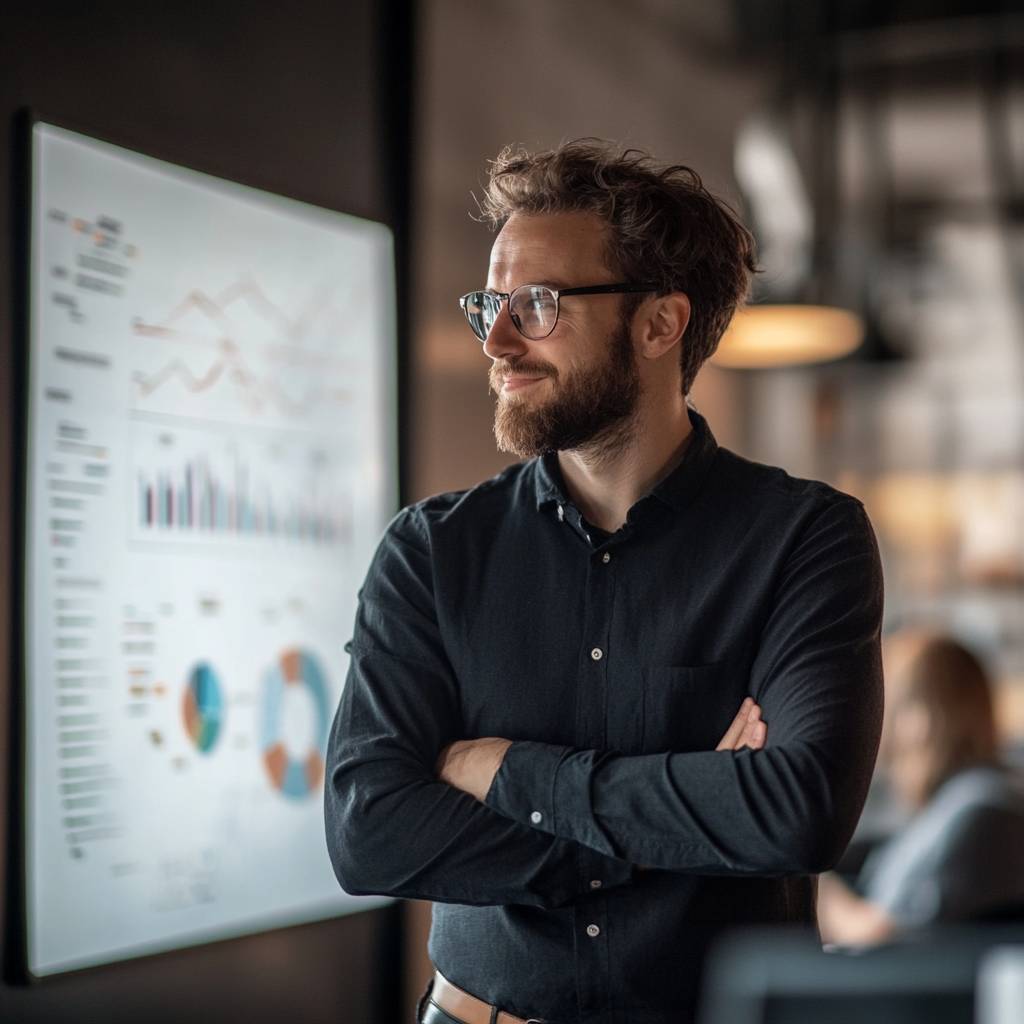 A man with a beard and glasses stands confidently with arms crossed, looking at a display of data charts in a modern office setting.