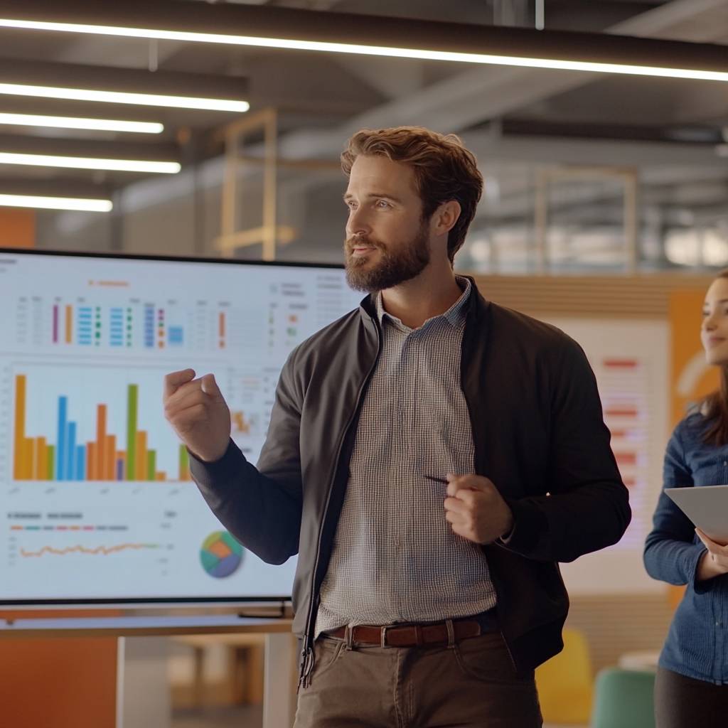 A man in a casual jacket gestures while presenting in front of a colorful data chart on a screen, with a woman holding a tablet nearby.