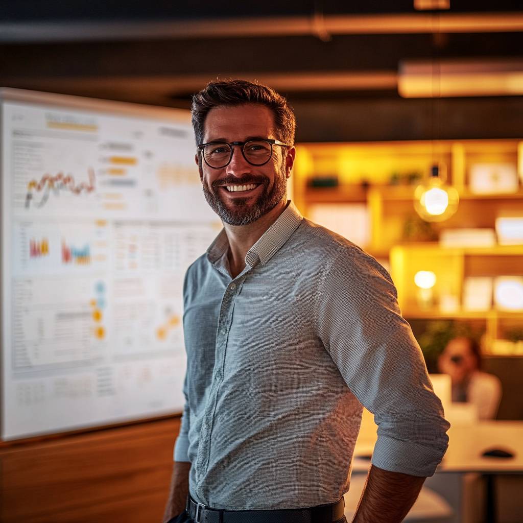 A smiling man with a beard and glasses stands in an office, in front of a large presentation board with charts and graphs, warm lighting in background.