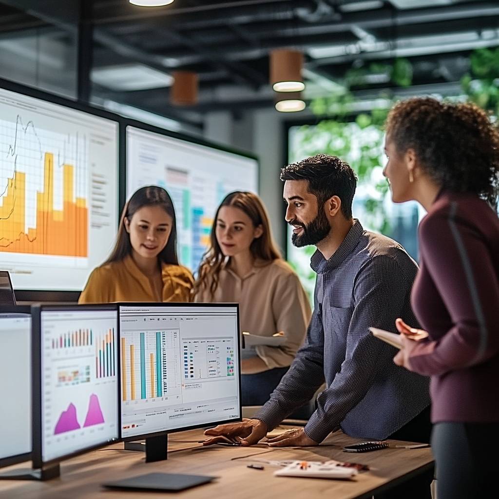 A diverse group of four professionals collaborate around a table, analyzing data displayed on multiple monitors in a modern office environment.