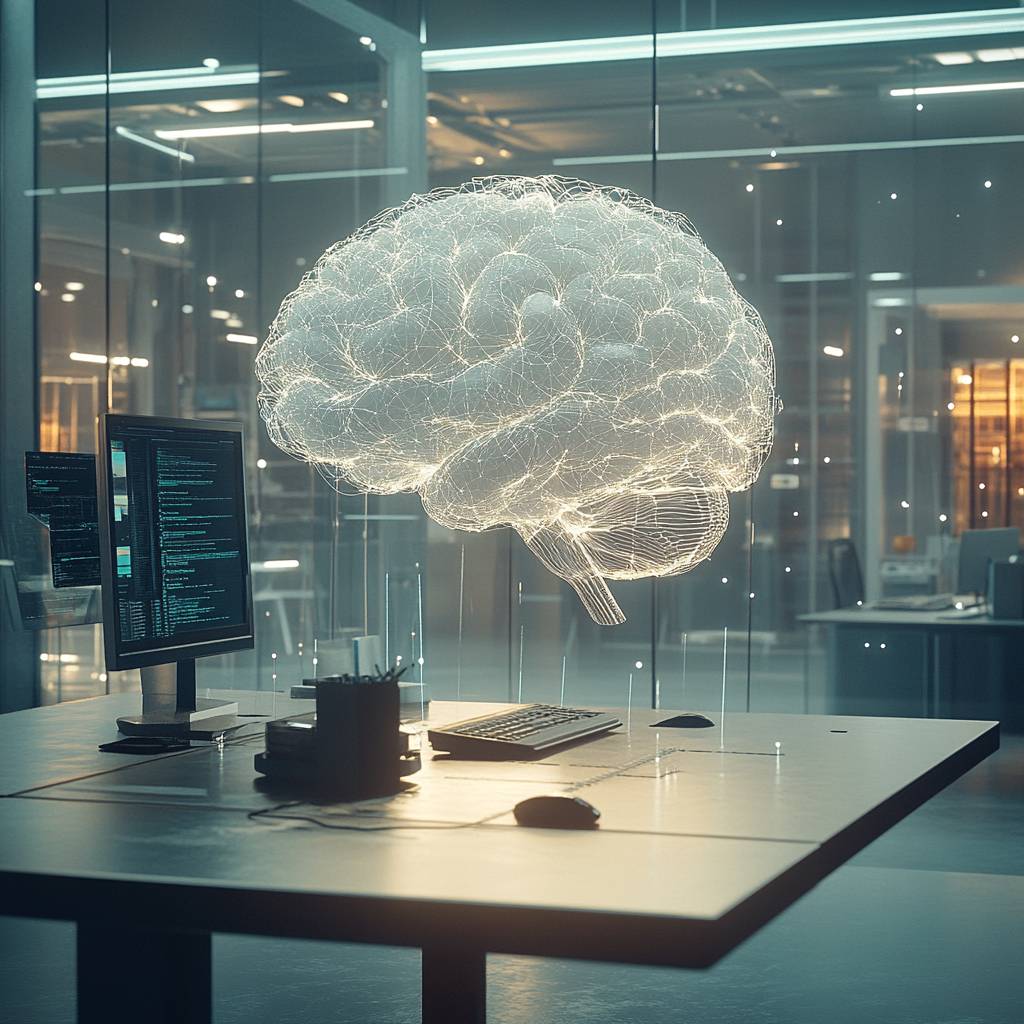 A glowing, translucent wireframe brain hovers over a modern office desk with a computer displaying code and a mouse beside it.