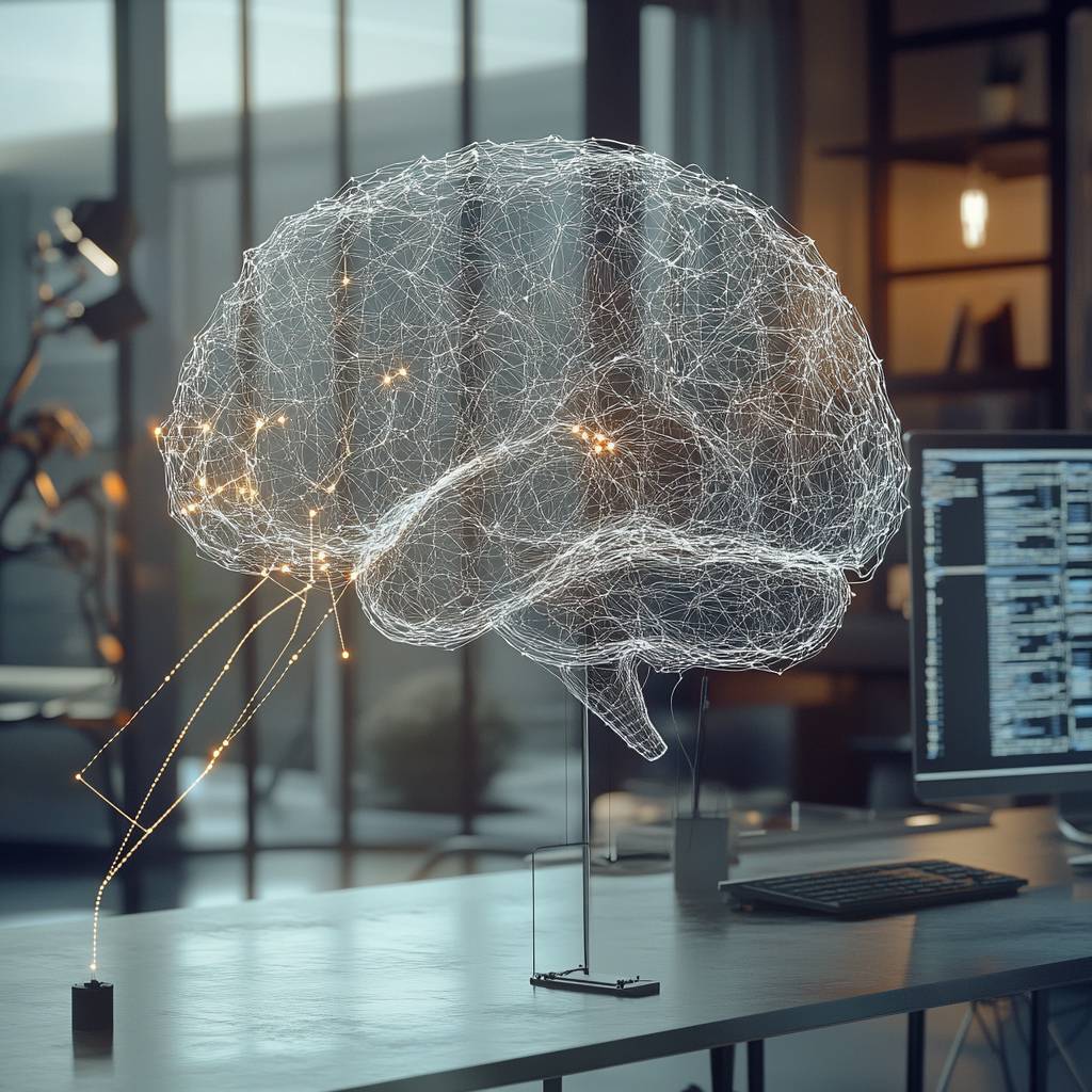 A luminous, wireframe representation of a brain stands on a desk, with glowing connections extending toward a small base, against a modern workspace background.