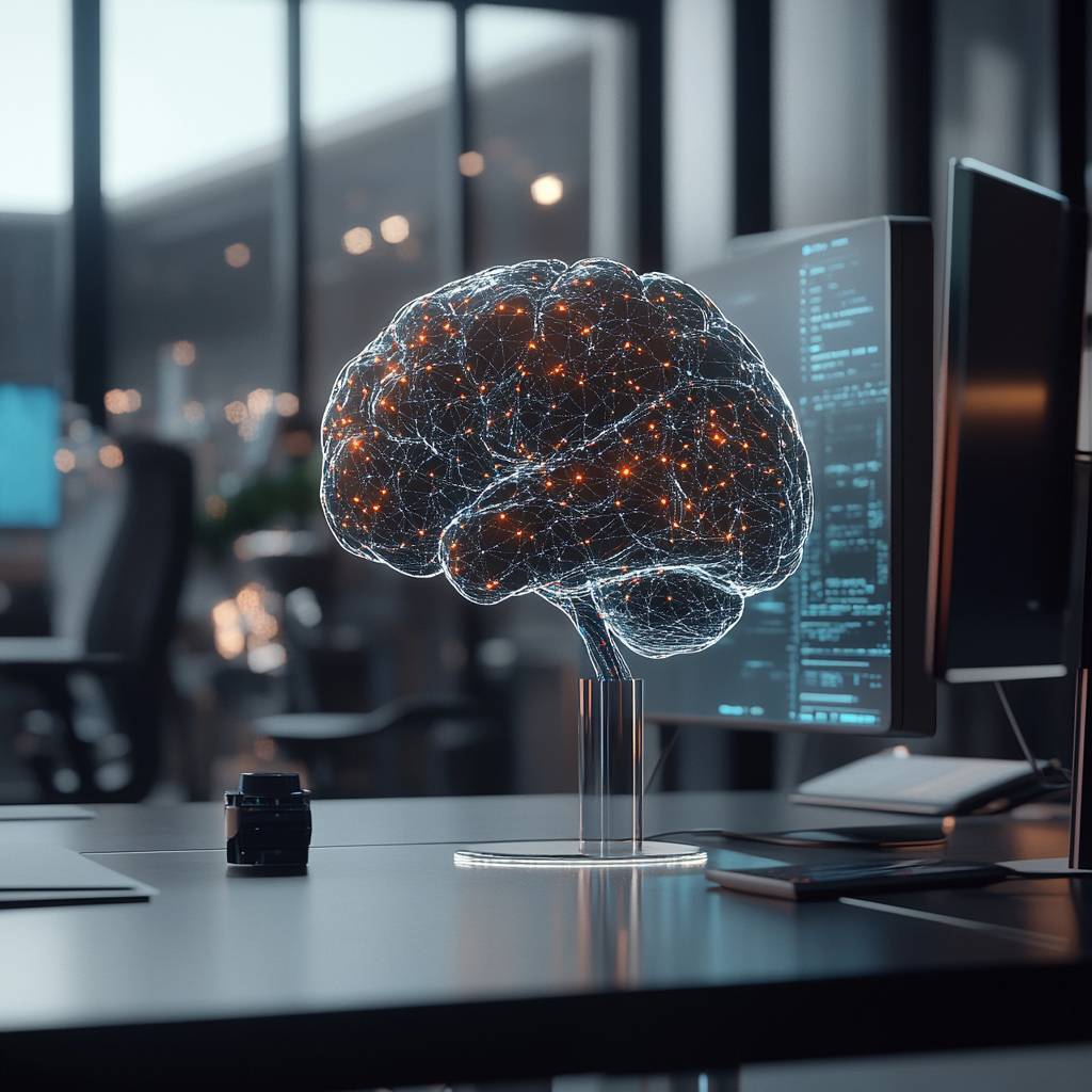 A transparent, digital representation of a brain with glowing nodes sits on a desk, surrounded by computer monitors in a modern office setting.