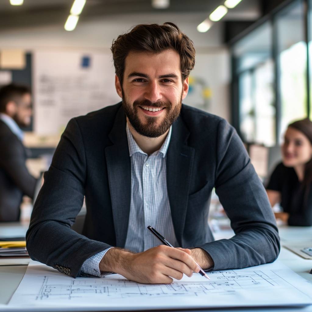 A smiling man with a beard in a blazer sits at a desk with blueprints, holding a pen, while colleagues work in the background.