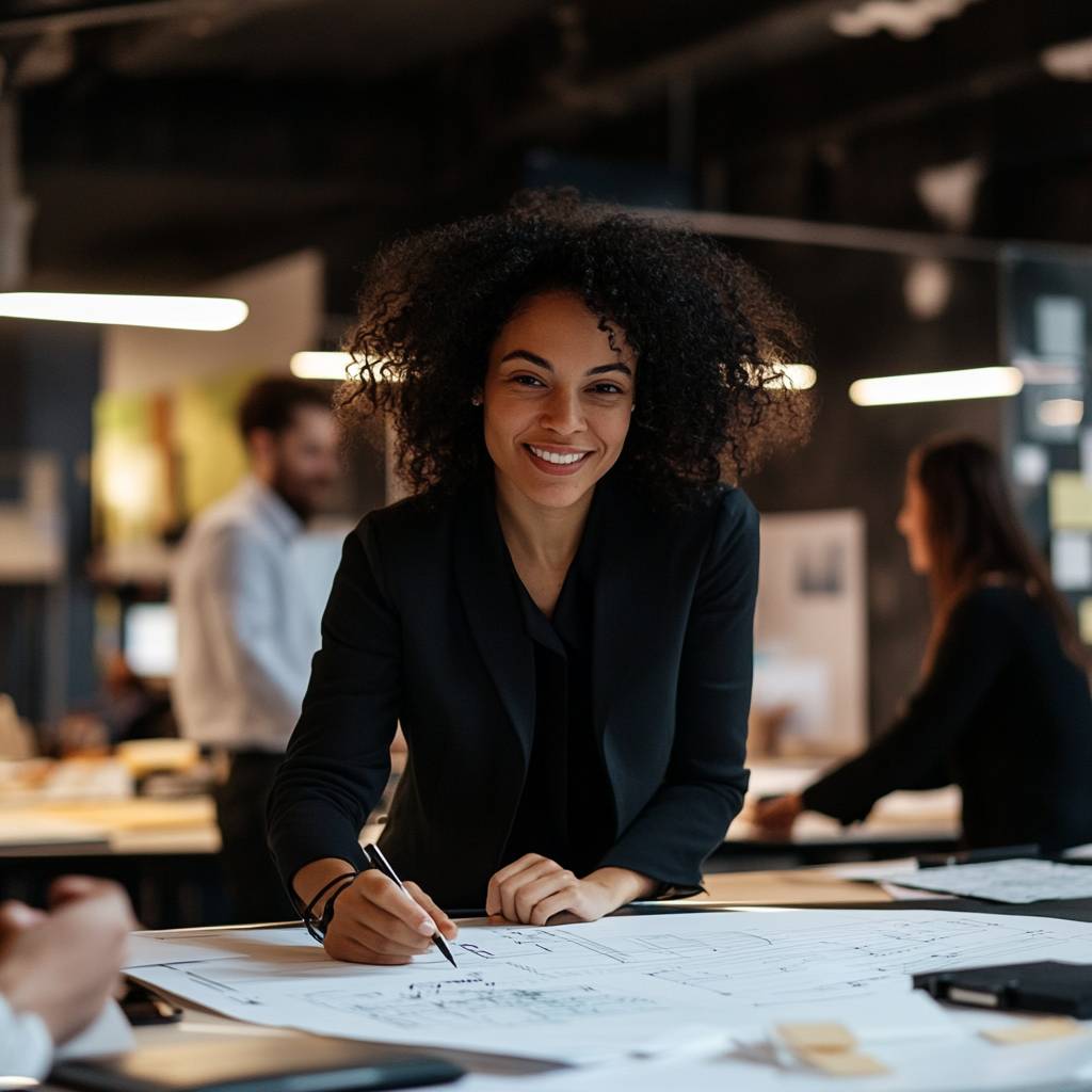 A woman with curly hair smiles while working on blueprints at a desk in a modern office, with colleagues engaged in discussions in the background.