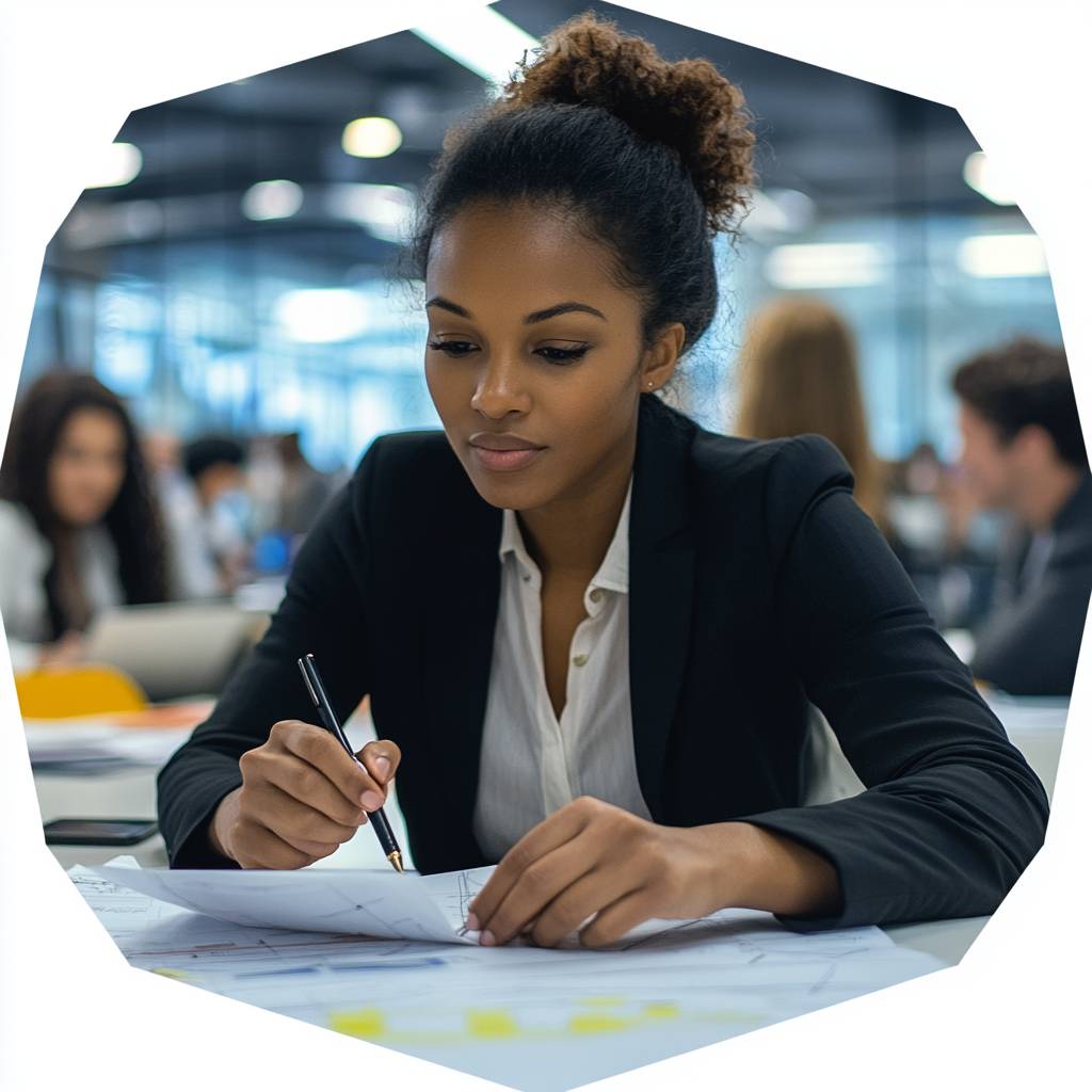 A young woman in a black blazer sits at a desk, focused on papers and writing notes with a pen in a modern office environment.