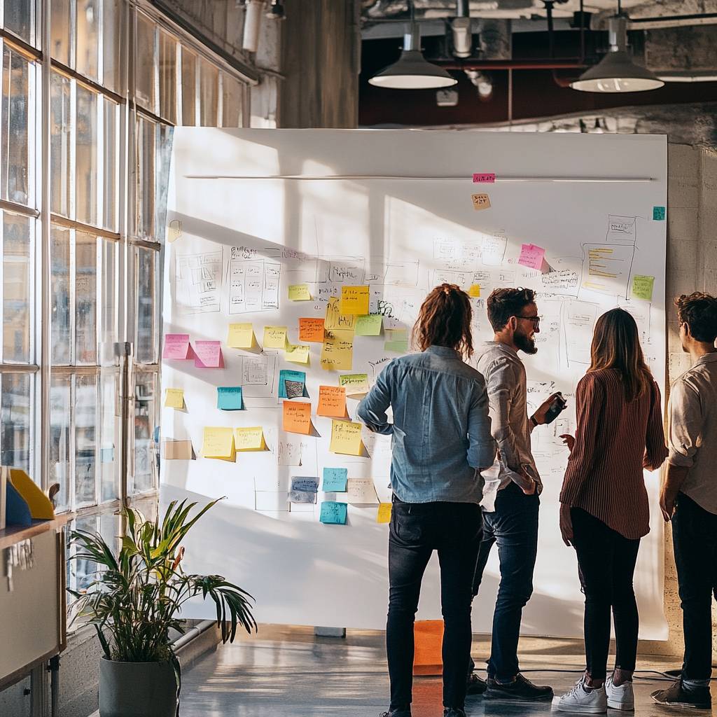 A group of four diverse individuals engaged in a collaborative discussion, surrounded by a wall covered in colorful sticky notes and ideas.