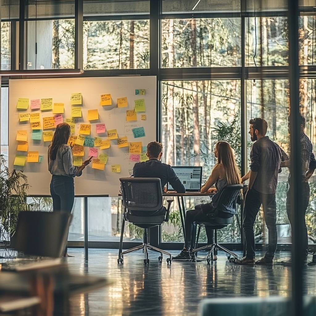 A group of four colleagues in a modern office collaboratively reviewing sticky notes on a board while one person works on a laptop.