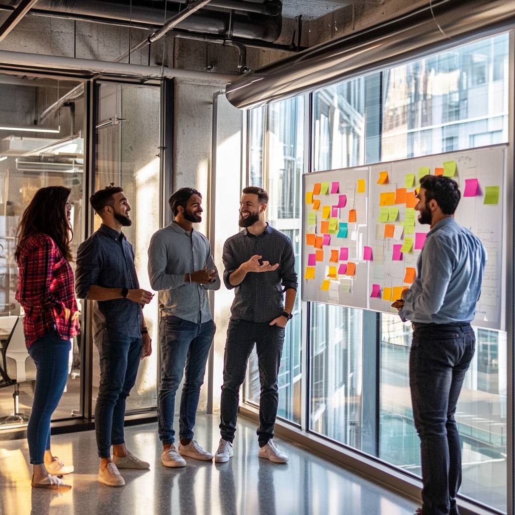 A group of five people engaged in discussion around a presentation board filled with colorful sticky notes in a modern office setting.