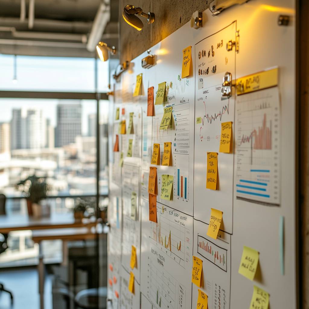 A whiteboard filled with charts and graphs, surrounded by colorful sticky notes, in a modern office setting with large windows and city views.