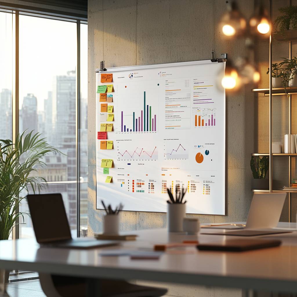 A well-lit modern office space featuring a wall-mounted presentation board with various colorful graphs, charts, and sticky notes on display.