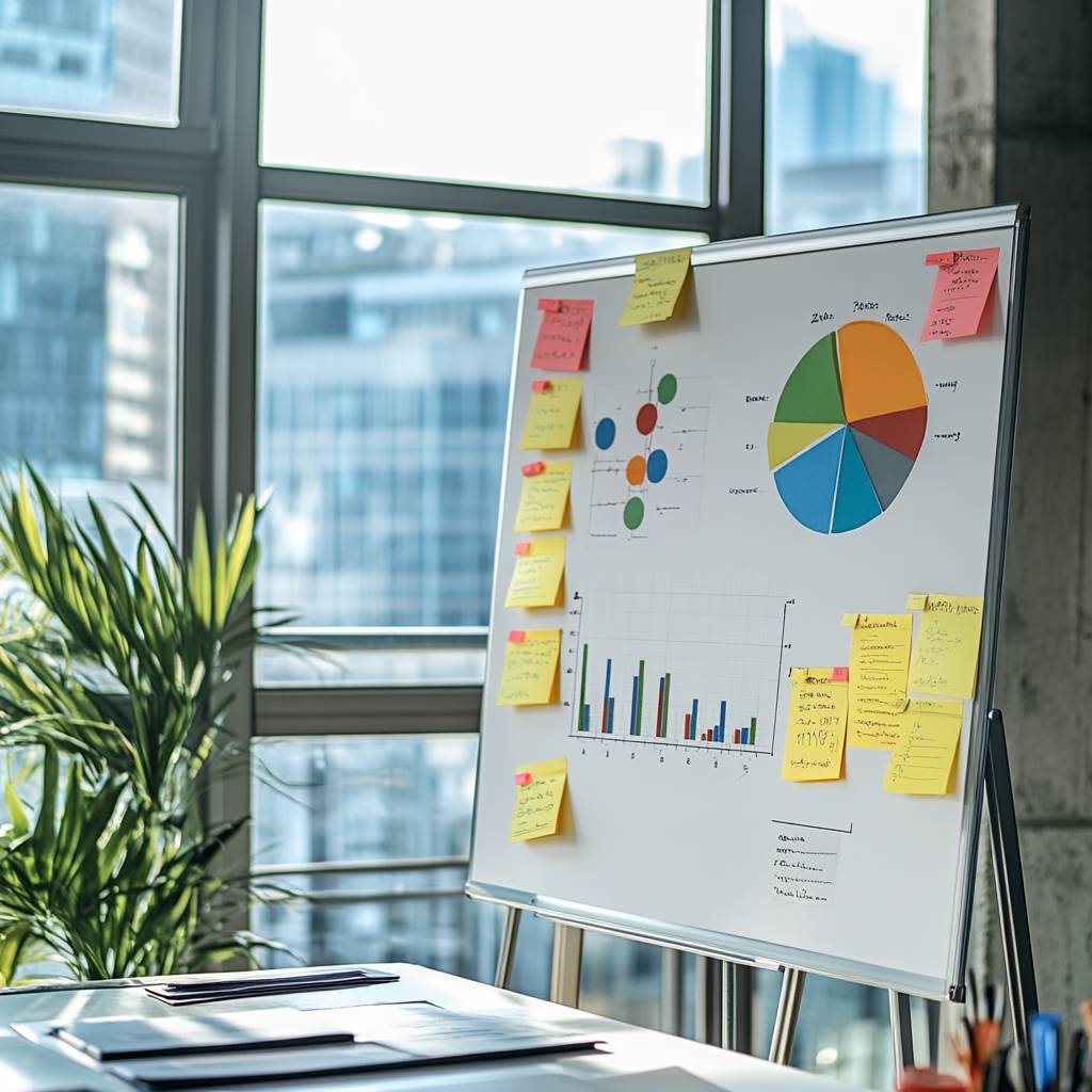 A whiteboard displayed in an office, covered with colorful charts, graphs, and sticky notes, alongside a plant and a desk in the foreground.