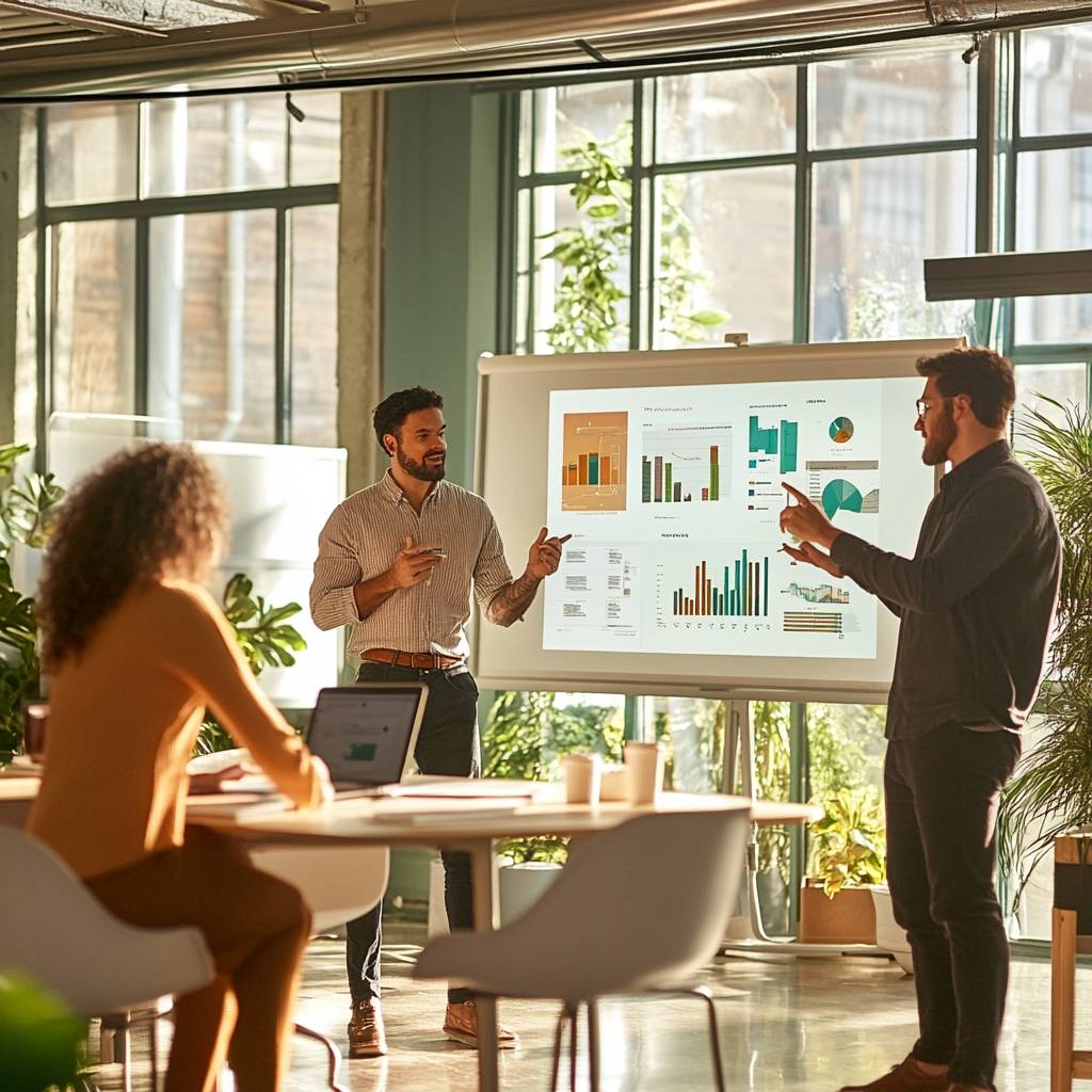 A business meeting in a bright conference room with two men presenting data on a screen while a woman observes, working on a laptop.