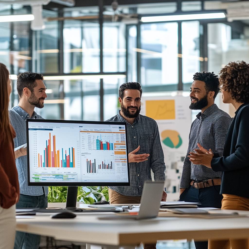 A diverse group of four professionals discussing data analytics around a table with a computer displaying colorful graphs in a modern office.