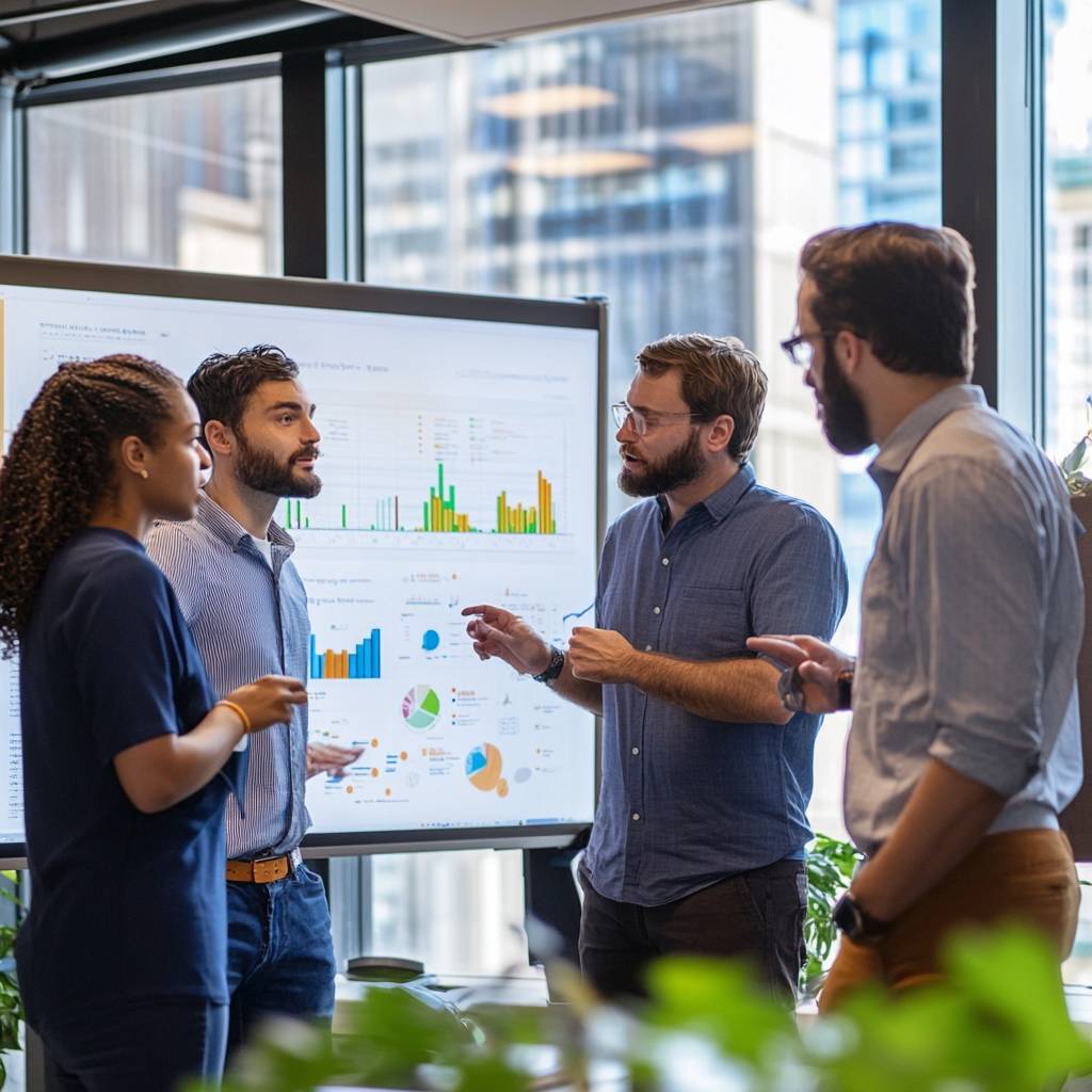 Four professionals engage in discussion in an office setting, with a data presentation board featuring colorful graphs and charts in the background.