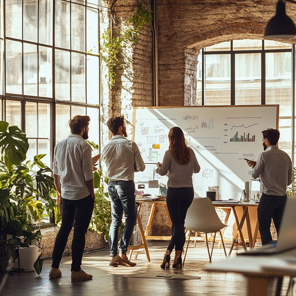 A team of four professionals stands in a bright, plant-filled office, discussing ideas in front of a whiteboard filled with charts and notes.