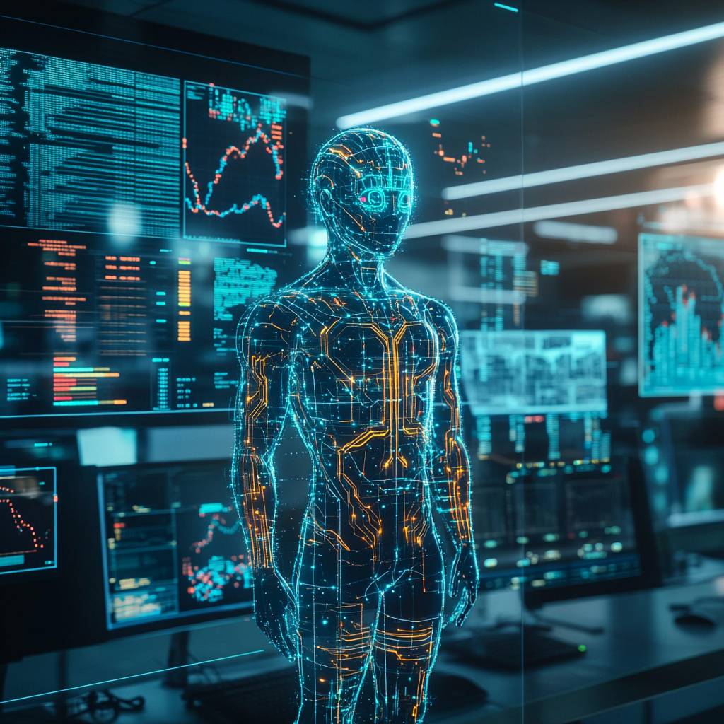 A futuristic humanoid figure composed of glowing circuits stands in front of multiple digital screens displaying data and graphs in a high-tech environment.