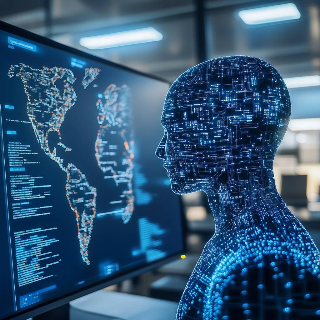 A futuristic humanoid figure composed of digital circuitry looks at a computer screen displaying a global map and data analysis in a modern workspace.