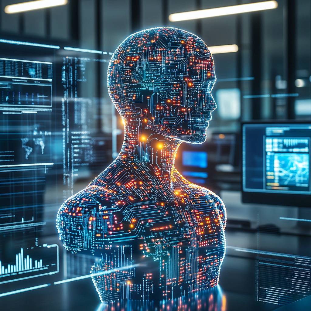 A digital humanoid figure composed of glowing circuits and neon lights, set against a backdrop of computer monitors displaying data and analytics.