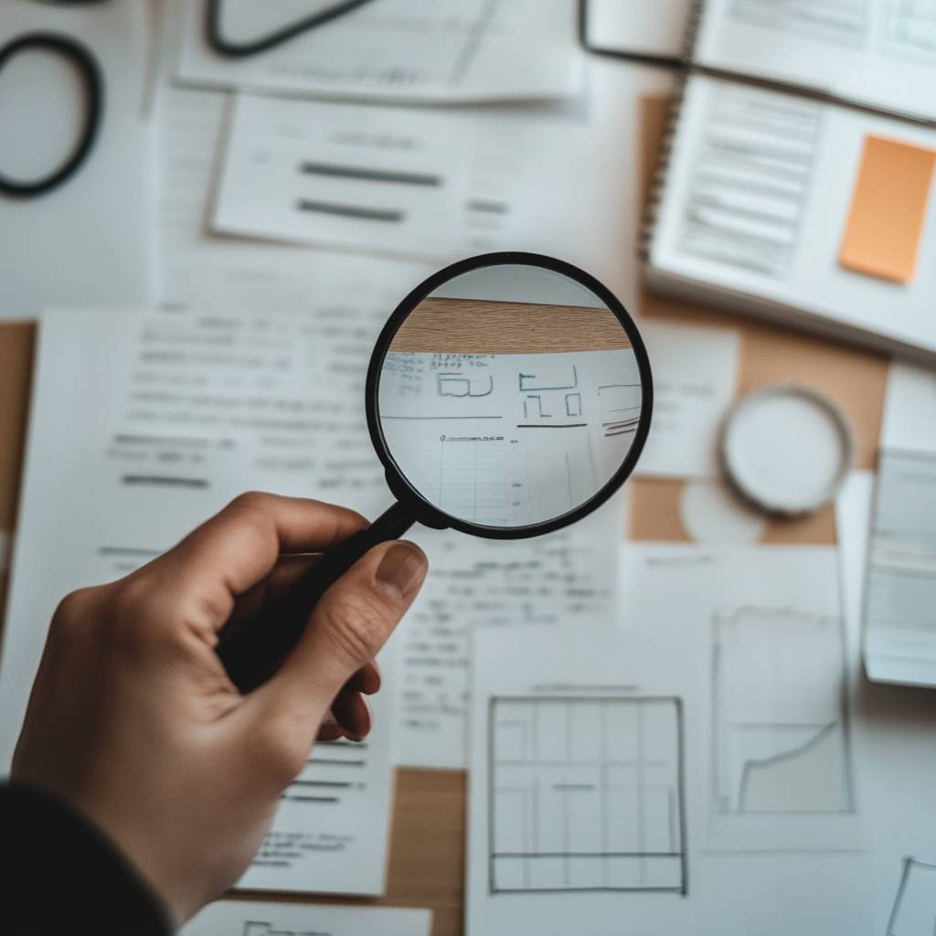 A hand holding a magnifying glass over various documents and papers, with sketches and notes visible among the scattered materials.