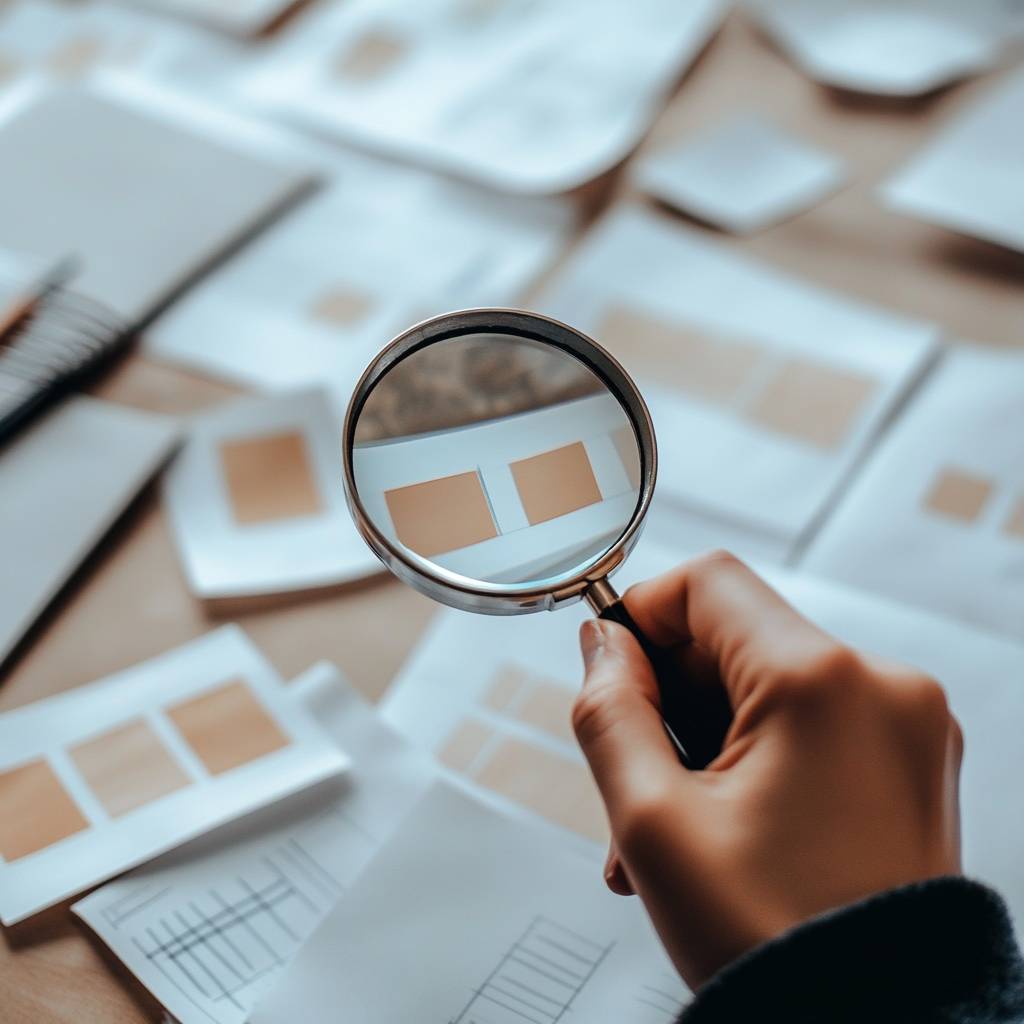A person holding a magnifying glass above design mockups on a cluttered desk, examining layout details among various paper materials.