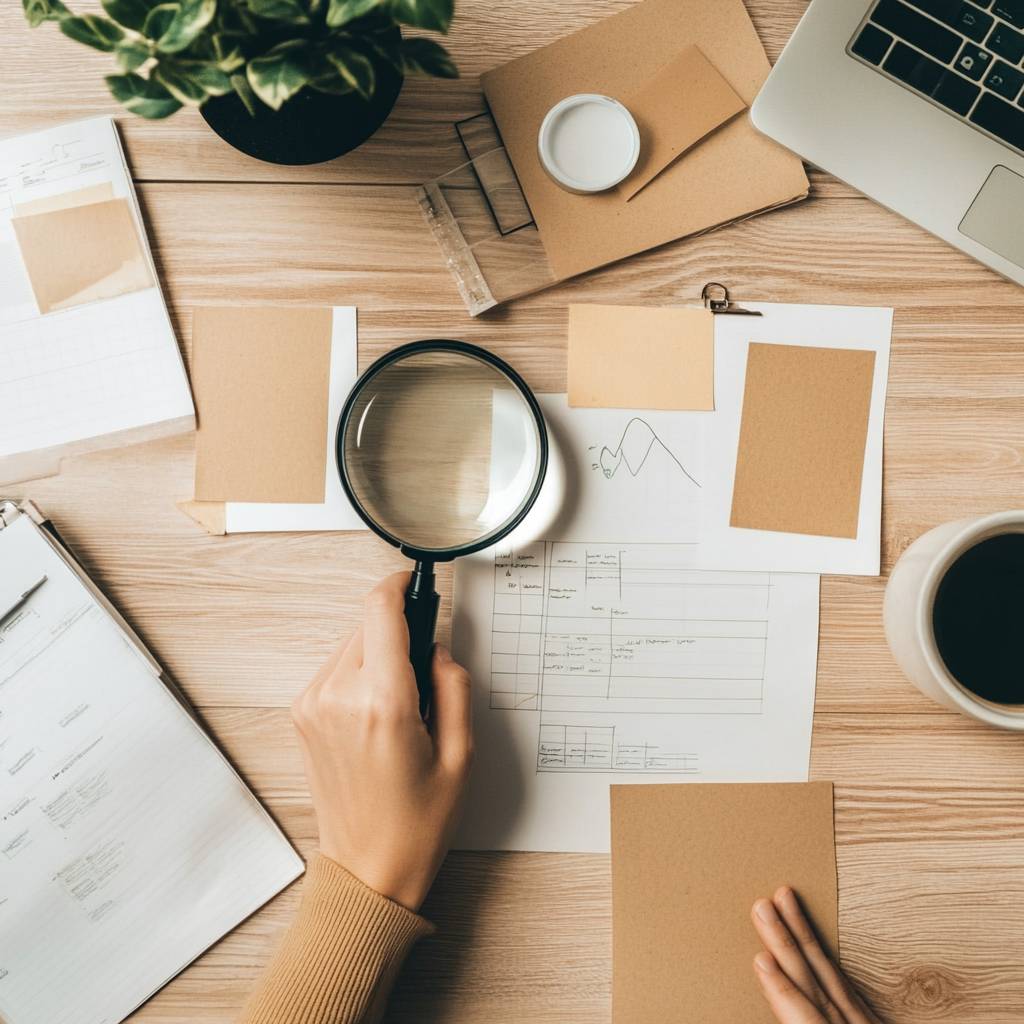 A hand holding a magnifying glass over documents and craft supplies on a wooden table, accompanied by a coffee cup and a green plant.