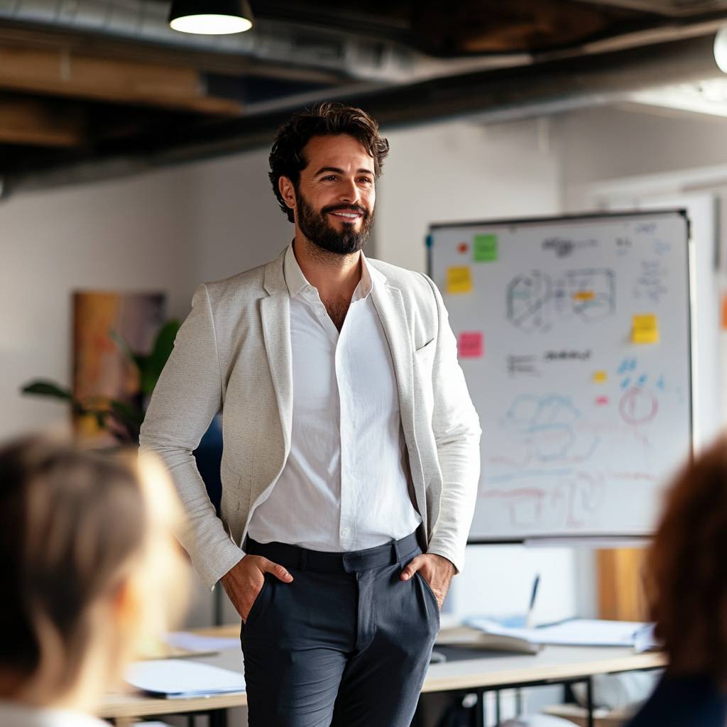 A smiling man with a beard stands in a modern office, wearing a light blazer and a white shirt, in front of a whiteboard with notes and diagrams.