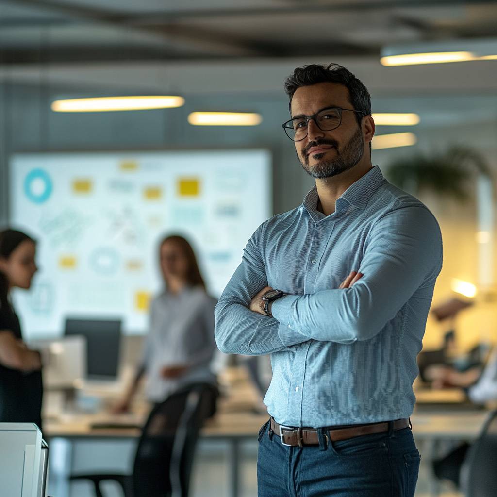 A confident man with glasses stands with arms crossed in an office setting, while two colleagues are engaged in discussion in the background.