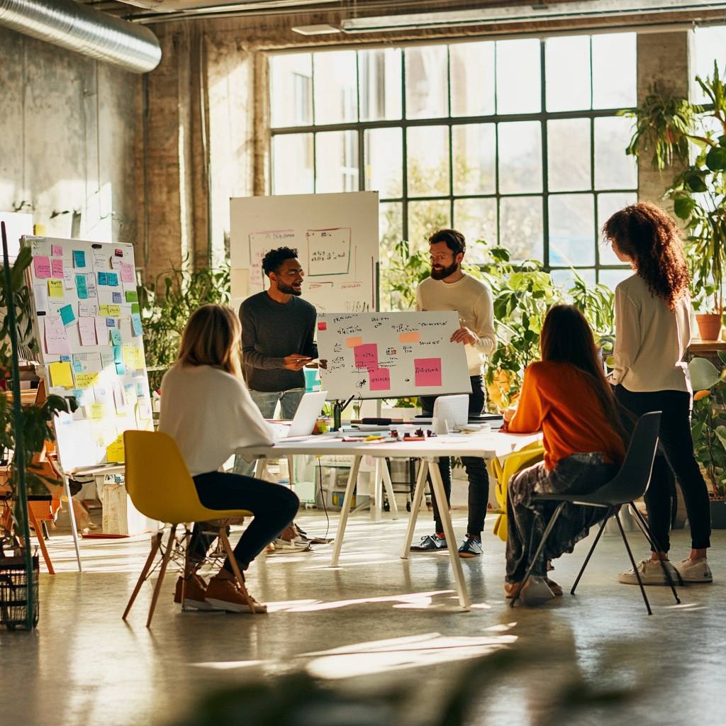 A diverse group of people collaborates in a bright, modern workspace, surrounded by plants and brainstorming on a whiteboard and post-it notes.