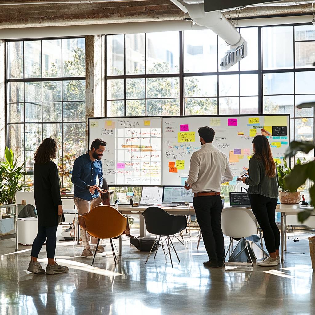 A group of four people in a modern office discussing ideas in front of a whiteboard filled with colorful sticky notes and diagrams.