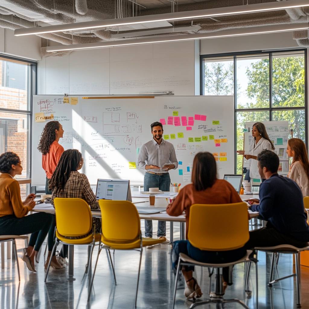 A diverse group of people engaged in a meeting, with a man presenting ideas in front of a whiteboard filled with notes and sticky papers.