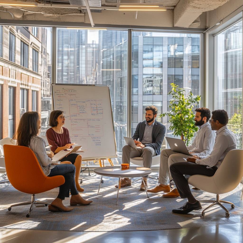 A group of five professionals in a modern office setting engaged in a meeting, with a whiteboard and laptops, sunlight streaming through large windows.