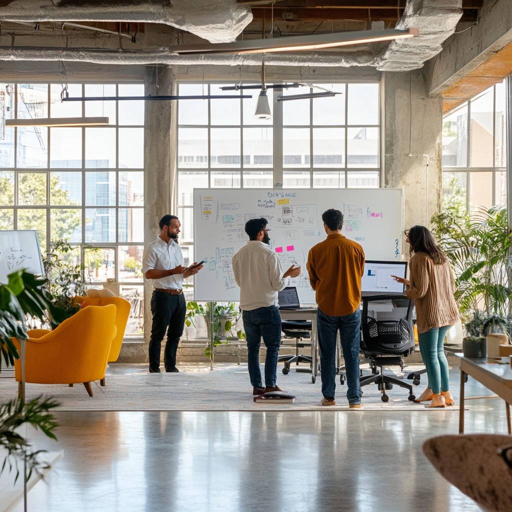 A group of four people collaboratively discussing ideas in a modern office, with a whiteboard covered in notes and a large window providing natural light.