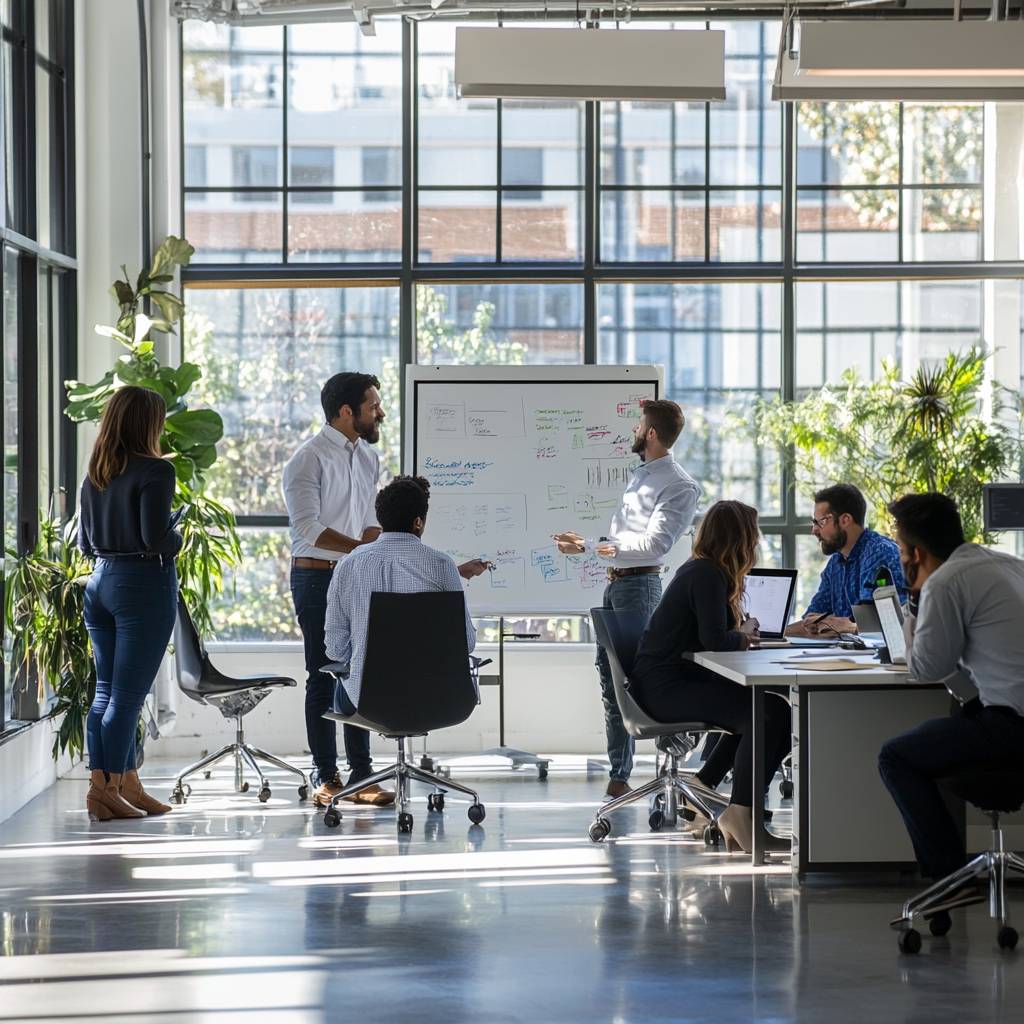 A group of professionals collaborates in a bright office, discussing ideas around a whiteboard while others work at desks with laptops.
