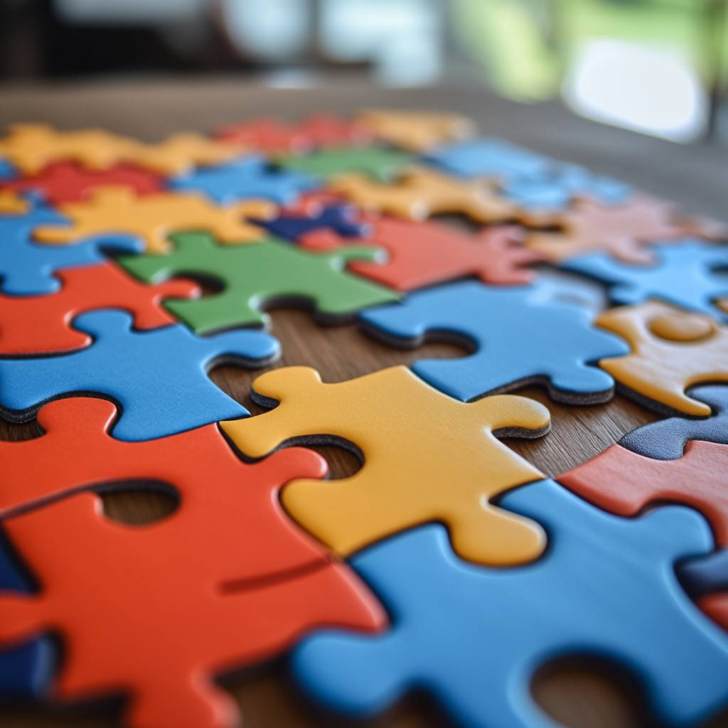 A close-up view of colorful jigsaw puzzle pieces scattered on a wooden surface, featuring red, blue, green, and yellow pieces.