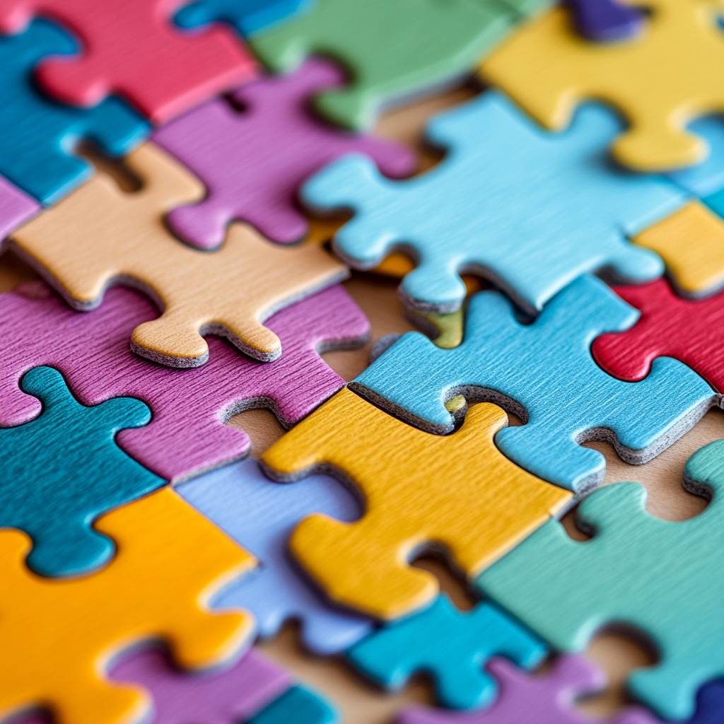 A close-up view of colorful jigsaw puzzle pieces in various shades, including blue, yellow, green, purple, and red, scattered on a surface.